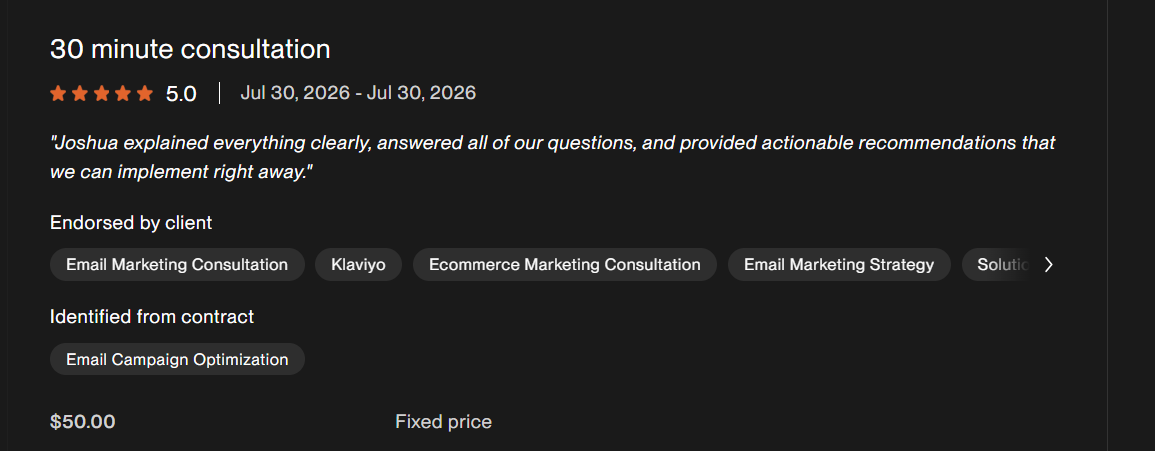 Client feedback excerpt for 30 minute consultation. Joshua explained everything clearly, answered all of our questions, and provided actionable recommendations that we can implement right away.